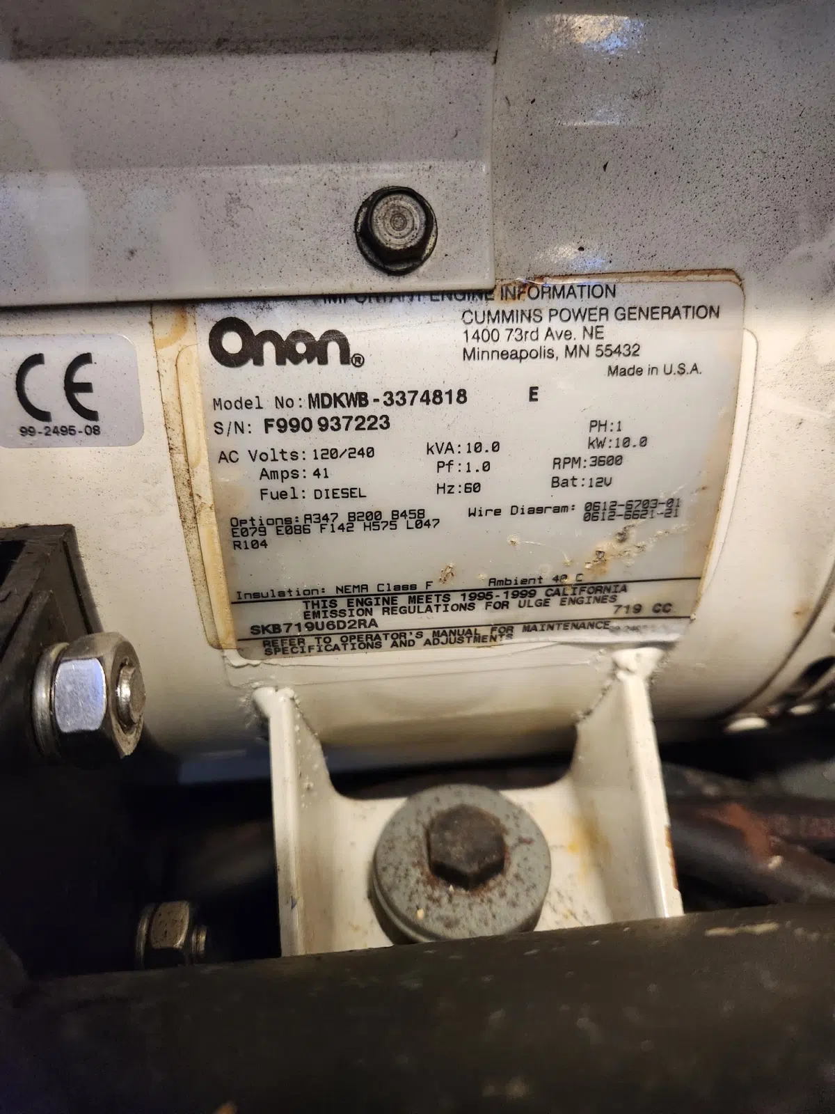 Close-up of an Onan diesel generator identification plate — Tri County Small Engine Repair in Cape Coral